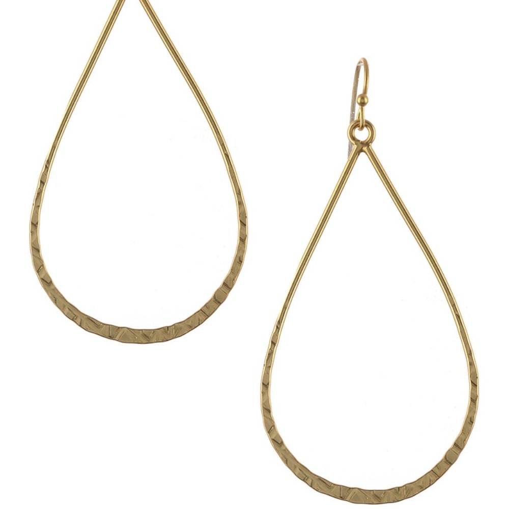 Gold Plated Hammered Metal Dangle Hoop Earrings